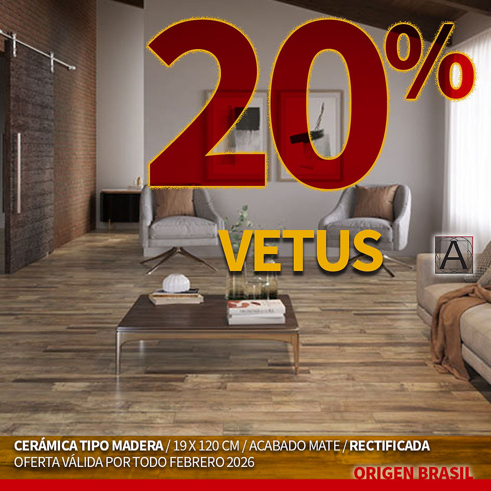 Aviso de 20% descuento de cerámica tipo madera 20x120 cm Vetus