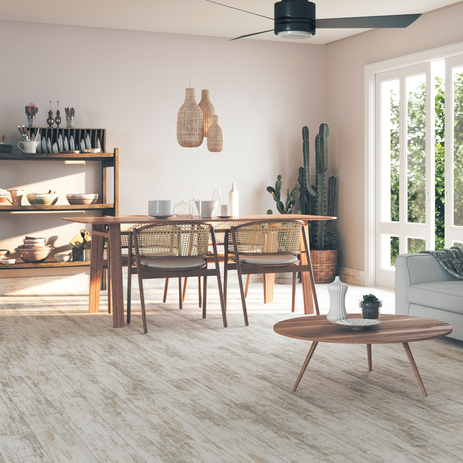 Vista de comedor con piso de ceramica tipo madera 20x120 cm Goethe