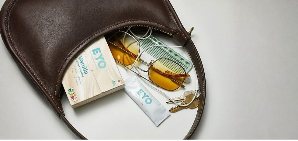 EYO packets in a purse alongside other items