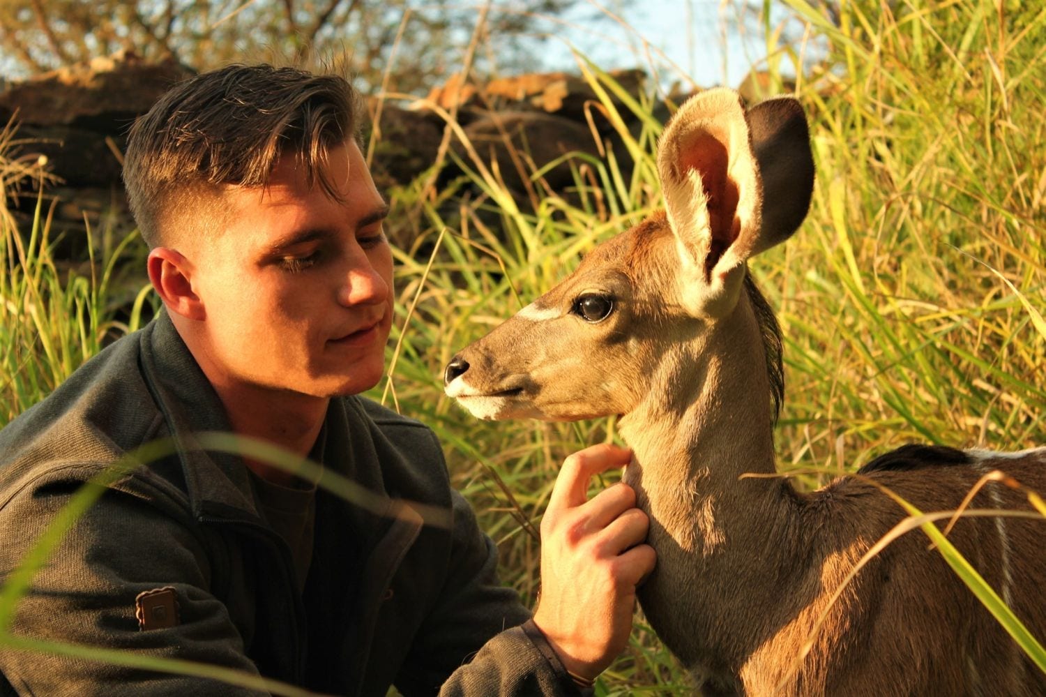The Kudu calf (who has been named Binti – meaning daughter in Kiswahili) with George and Theresa’s son Patrick