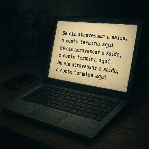 um notebook aberto com a frase: se ela atravessar a saída o conto termina aqui
