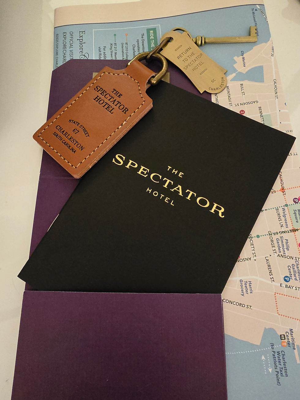 key, map, document holder at The Spectator luxury boutique hotel in Charleston, SC