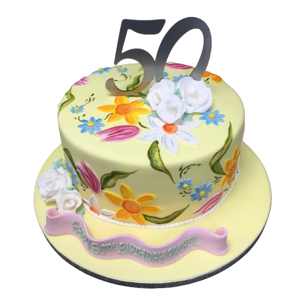 A colourful hand-painted floral cake, perfect for birthdays, weddings, or special occasions. Vibrant and elegant design for a stunning centrepiece.