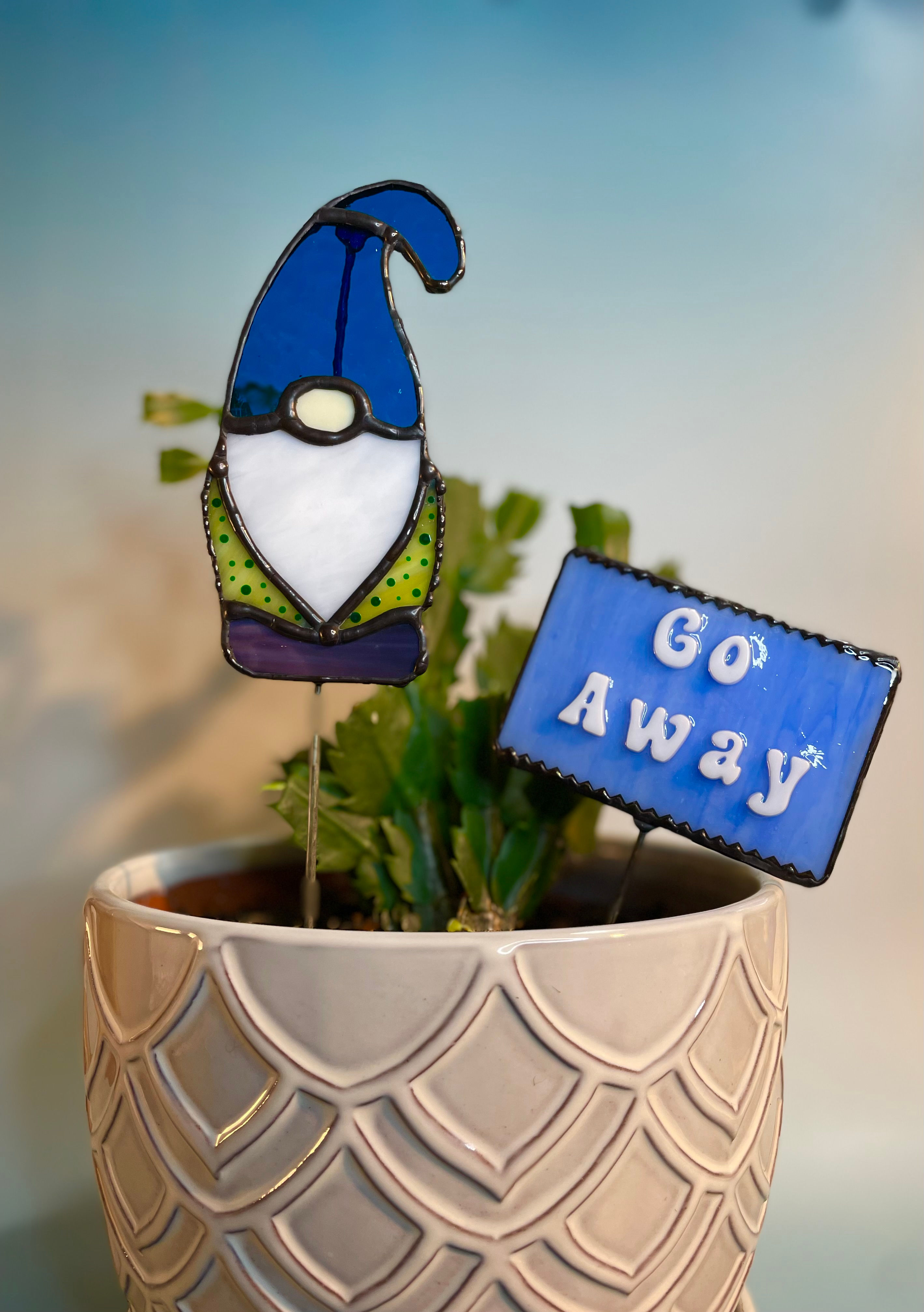 Gnome with "Go Away" Sign -Stained Glass Garden Stake