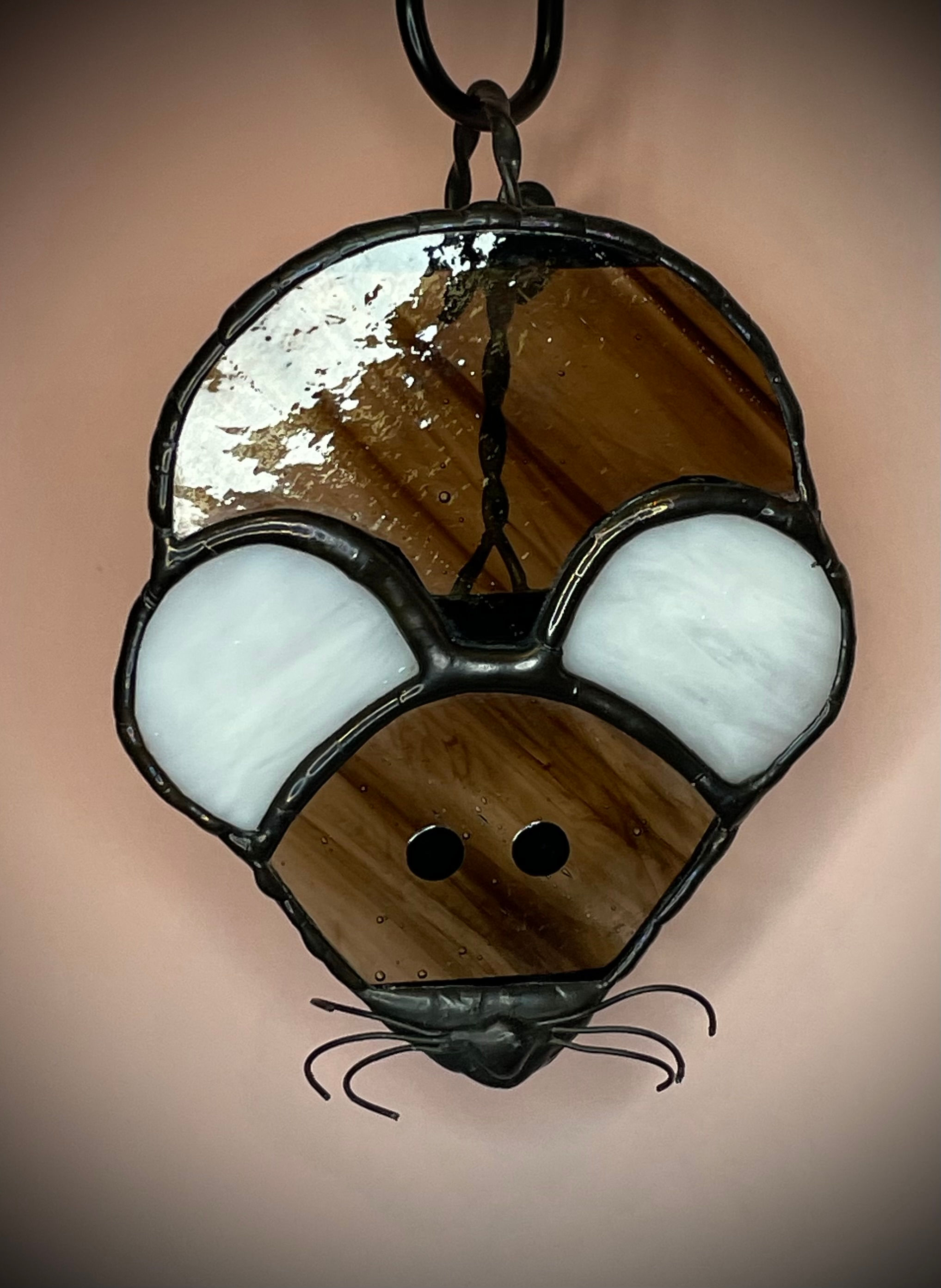 Mouse - Brown/White - Stained Glass Flower Pot Hook