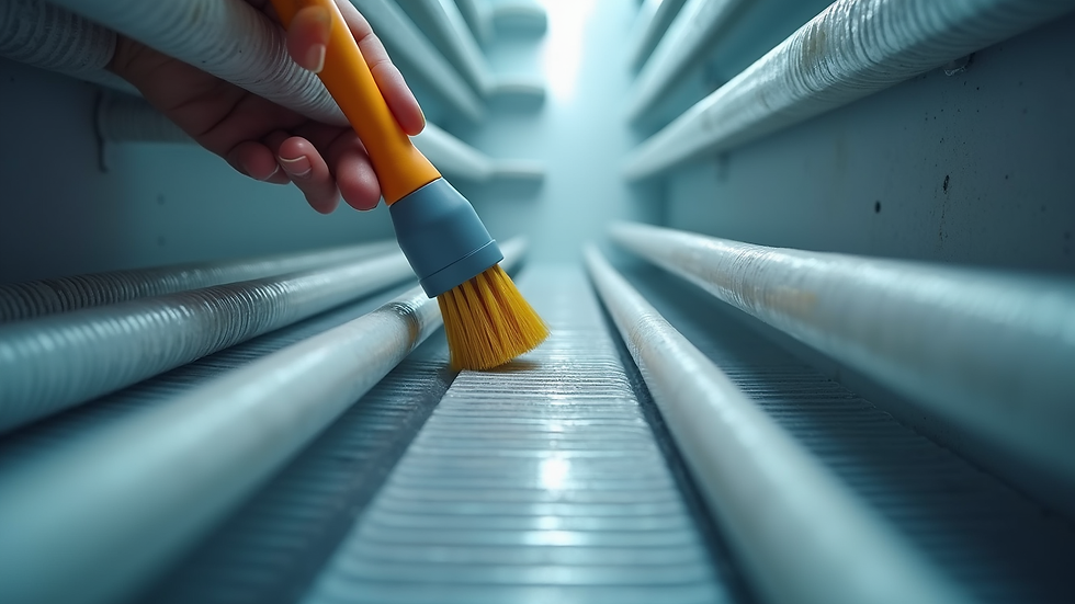 Eye-level view of refrigerator condenser coils being cleaned with a brush
