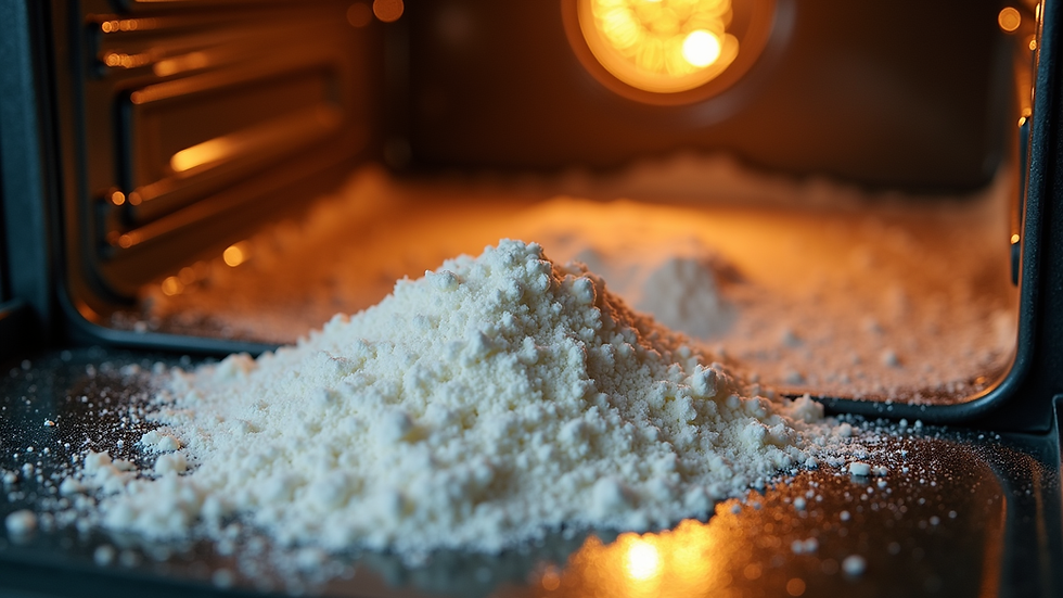 Close-up view of oven interior with baking soda paste applied