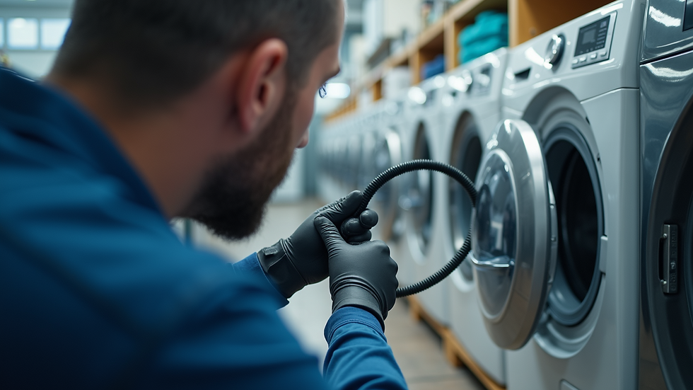 Close-up view of a technician inspecting a washing machine hose