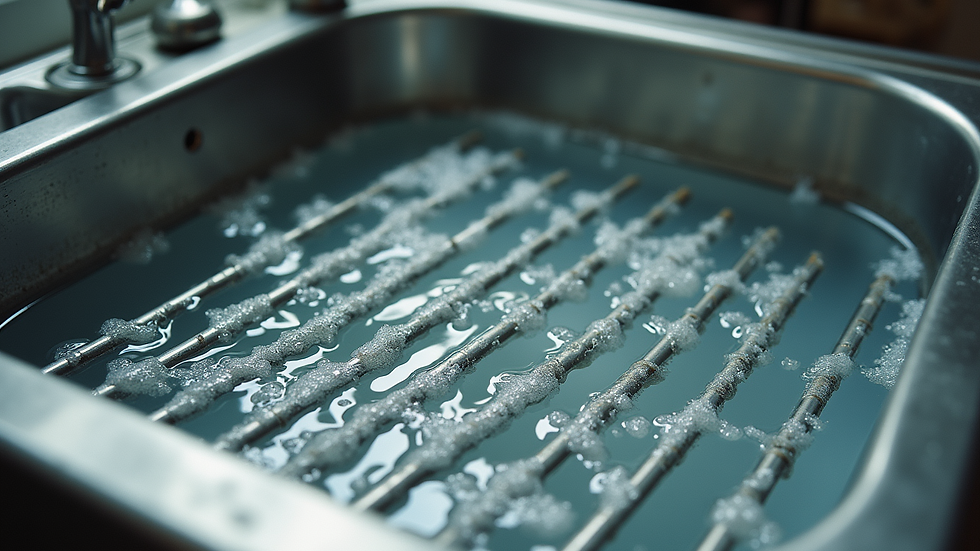 Eye-level view of oven racks soaking in a large basin filled with soapy water