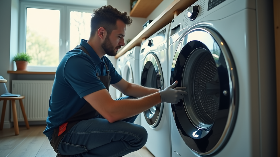 Eye-level view of a technician repairing a washing machine in a home laundry room