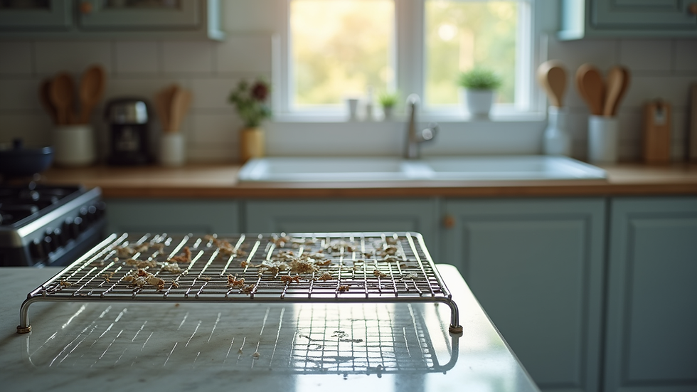 Eye-level view of clean oven racks drying on kitchen counter