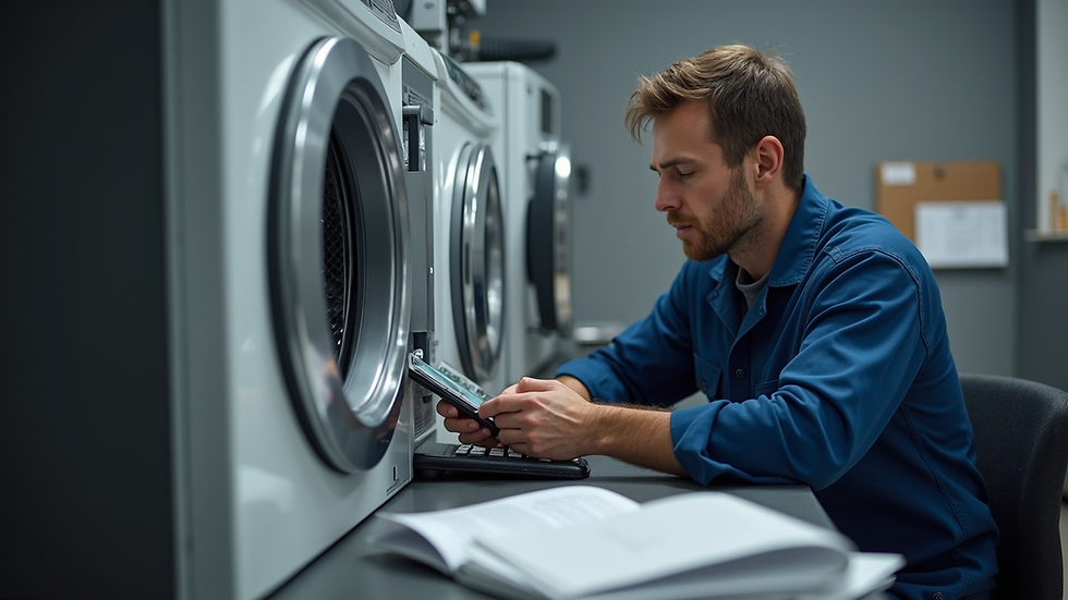 High angle view of a technician calculating appliance repair costs