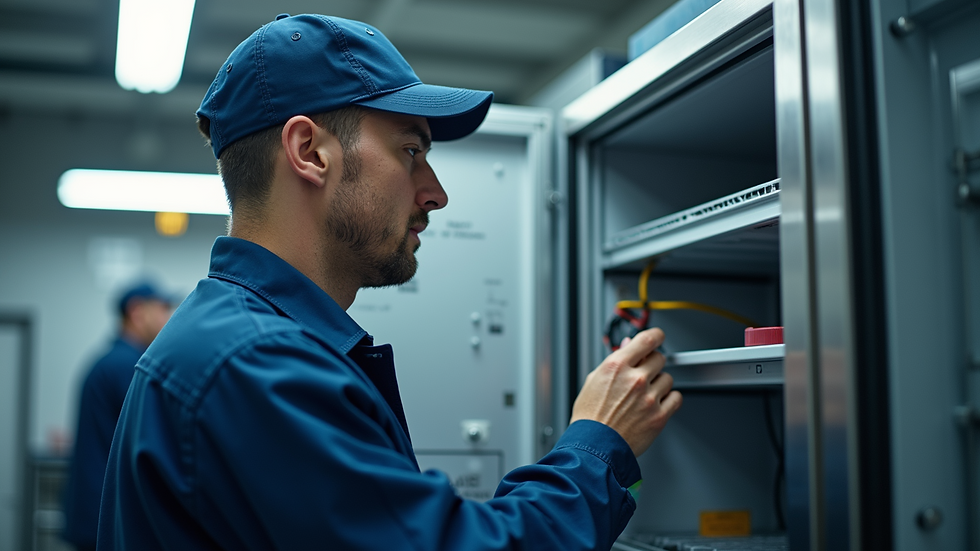 Eye-level view of a technician performing maintenance on a refrigerator