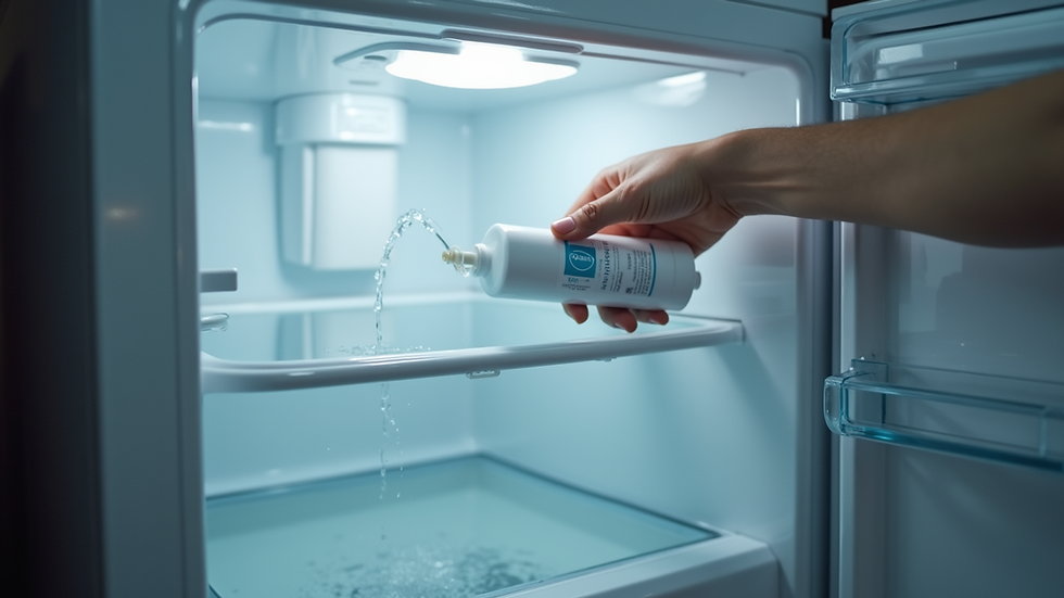 Eye-level view of a new water filter being inserted into a refrigerator
