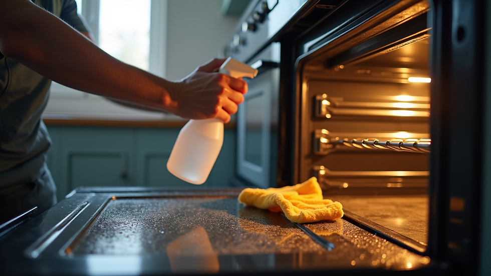 Eye-level view of professional cleaning an oven with spray bottle and cloth