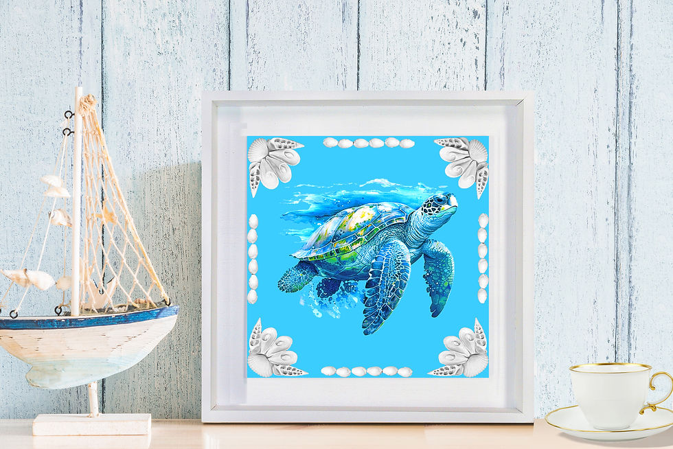 Thumbnail: Finished Art - Blue Turtle in 16.5” x 16.5” White Shadow Box (SB-601-SD-1611)