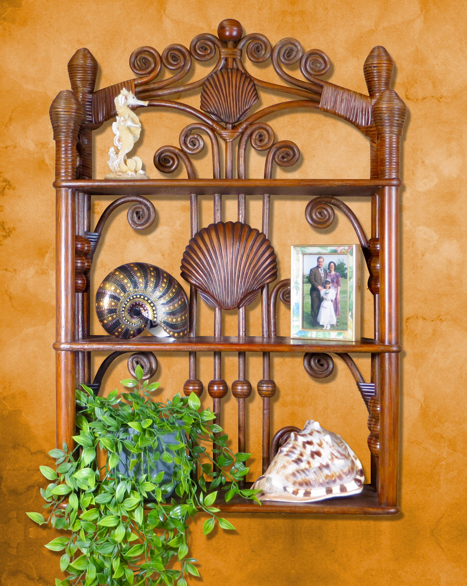 Key West Wall Hanging Shelf Brown w/ Vintage Coastal Style Adornments