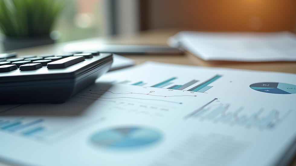 Close-up view of financial report with charts and calculator on table