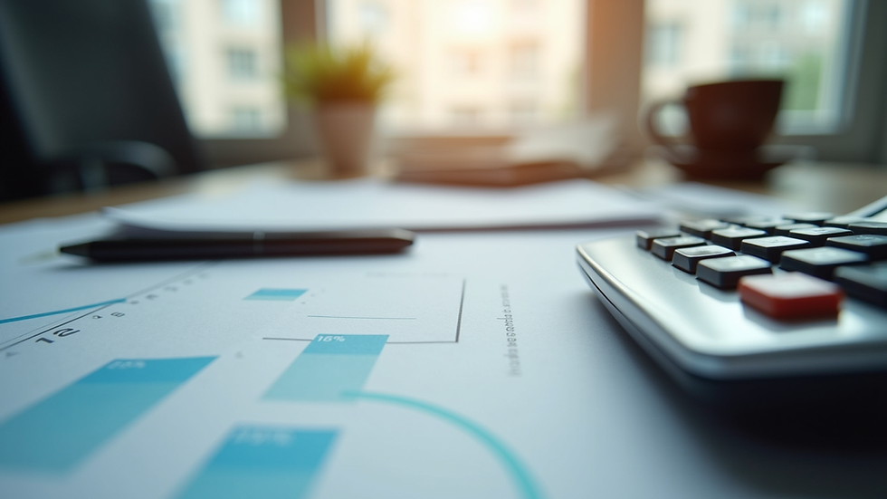 Eye-level view of office desk with accounting documents and calculator