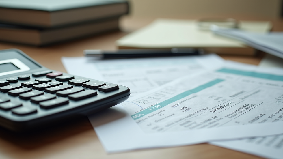 Close-up view of a calculator and tax documents on a wooden desk