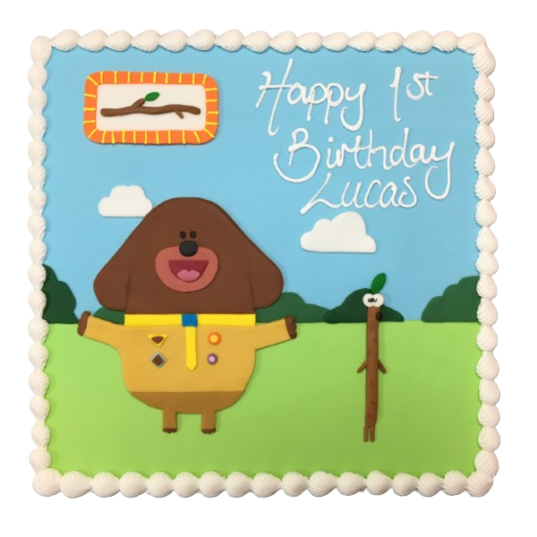 A cute and colourful Hey Duggee and Stick cake, perfect for fans of the popular children's show. Ideal for birthdays and special occasions.