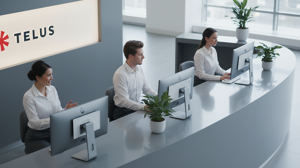High angle view of a Telus customer service desk with support staff