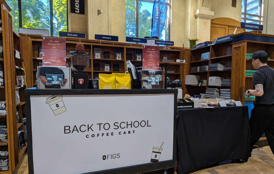 FIGS-branded Back to School Coffee Cart from NOMADIKA inside University of Toronto bookstore