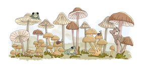 Frogs, snails, and a mouse among tall mushrooms.