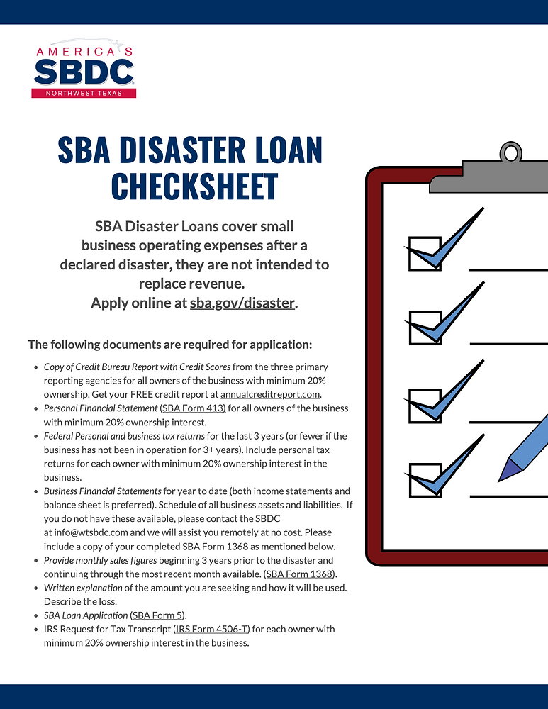 Sba Disaster Guide SBA Disaster Loan Checklist