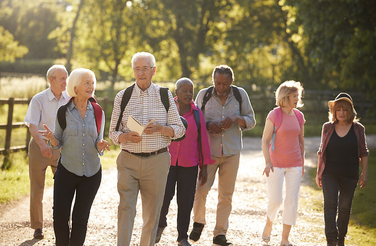 elderly people hiking on a trail