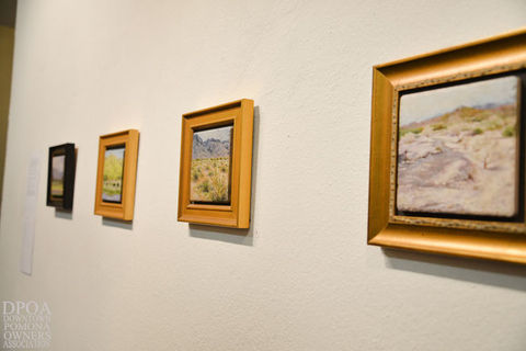 Several framed paintings on white wall, with desert and landscape scenes.