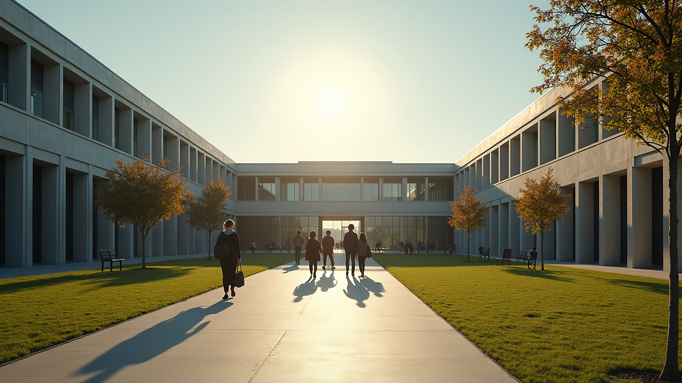 Wide angle view of BPJ University campus with students walking