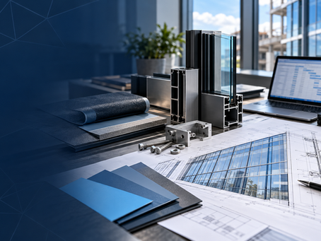 Commercial façade drawings, aluminium profiles, glazing samples and fixing components being reviewed during tender preparation.