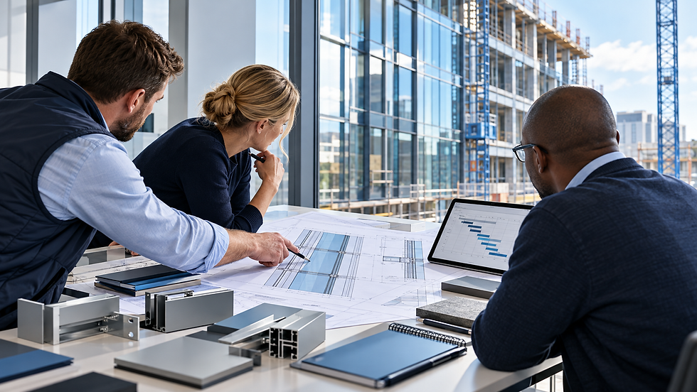 Project team reviewing commercial façade elevations, material samples and the construction programme.