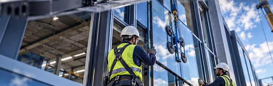 Illustrative installation of commercial glazed façade units.