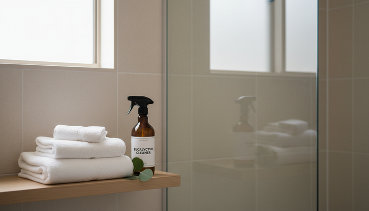 Eye-level view of a bathroom shelf with folded towels, cleaning spray, and a dry shower screen