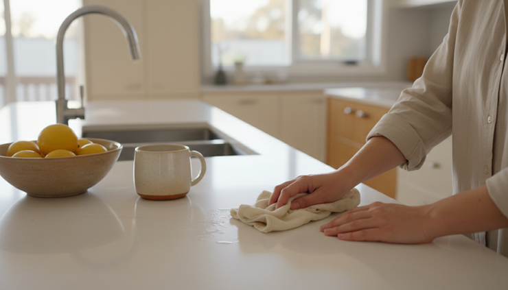 Close-up of hands wiping a kitchen bench with a reusable cloth beside a bowl of lemons