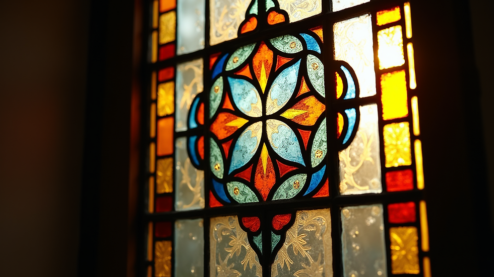 Close-up view of a beautifully designed stained glass window