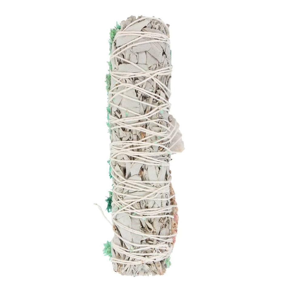 Thumbnail: White Sage Ritual Wand with Abalone, Green Flowers & Quartz 6"