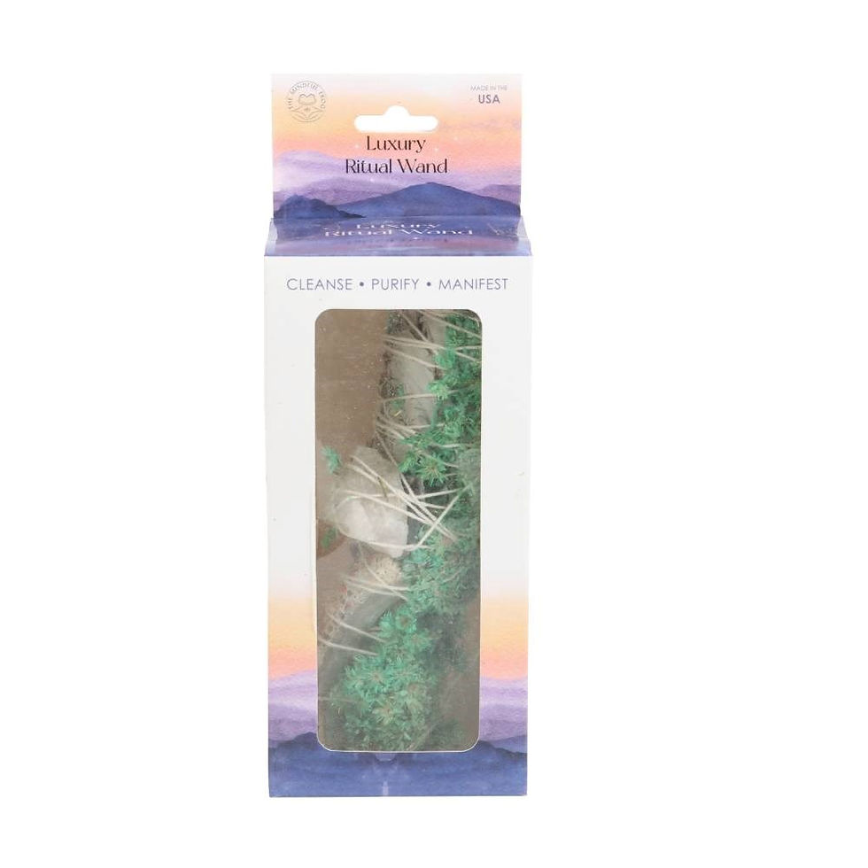 Thumbnail: White Sage Ritual Wand with Abalone, Green Flowers & Quartz 6"
