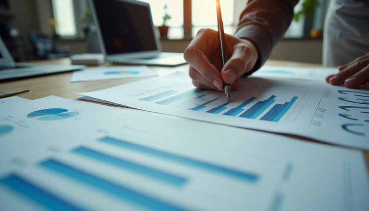 Eye-level view of a founder reviewing growth strategy documents on a desk