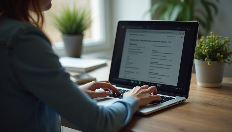 Eye-level view of a professional reviewing a job application on a laptop