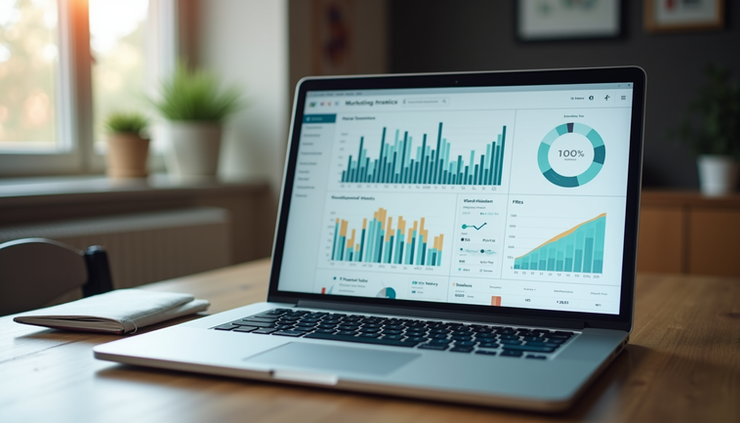 Eye-level view of a laptop screen showing marketing analytics dashboard