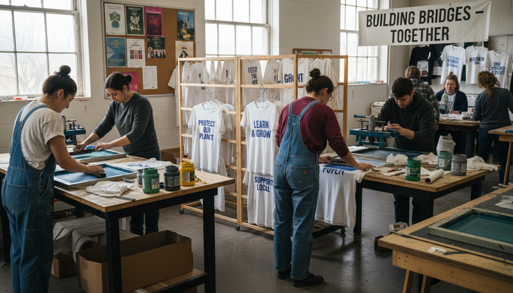 Wide-angle view of volunteers screen printing cause-themed T-shirts in a community workshop.