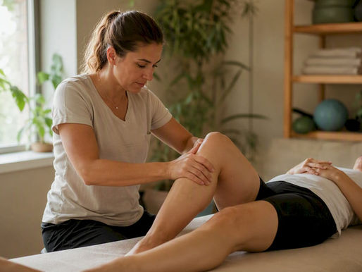 Physical therapist performing manual knee therapy