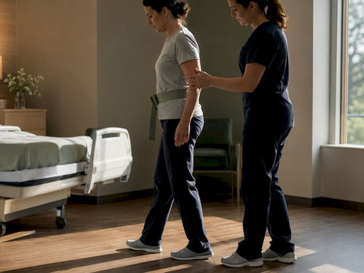 Patient taking assisted steps after spinal fusion