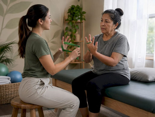 Physical therapist demonstrating hand exercise with patient