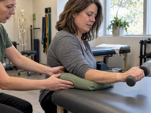 Patient performing tennis elbow strengthening exercise