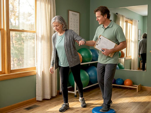 Physical therapist guiding balance exercises
