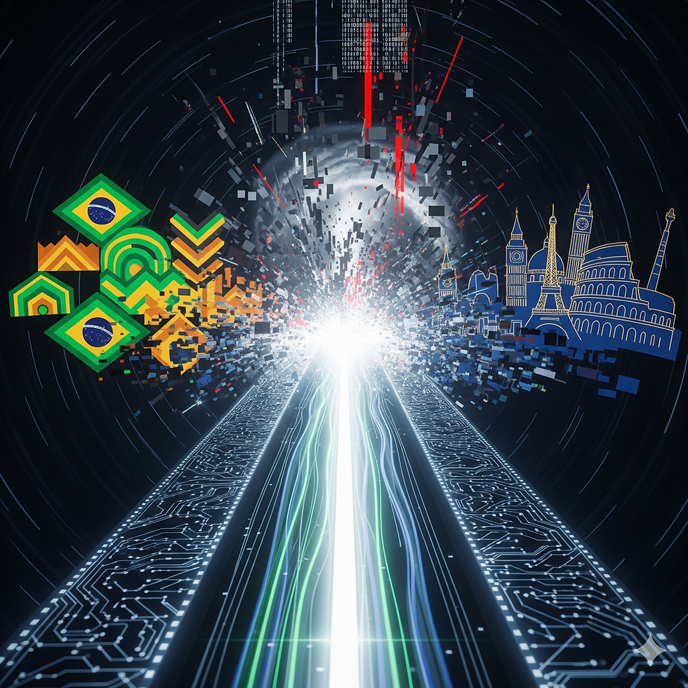 A digital bridge between Brazil and Europe symbolizes resilience and connection amid a storm of disinformation in the digital age.